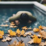 A person struggling to cover a pool, wrestling with a tangled pool cover and contending with falling leaves and debris