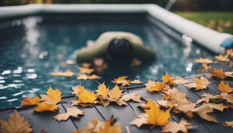 A person struggling to cover a pool, wrestling with a tangled pool cover and contending with falling leaves and debris