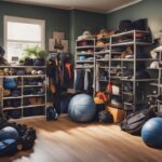 A cluttered house with overflowing closets, crowded garage, and disorganized shelves. Items include sports equipment, seasonal decorations, and bulky furniture