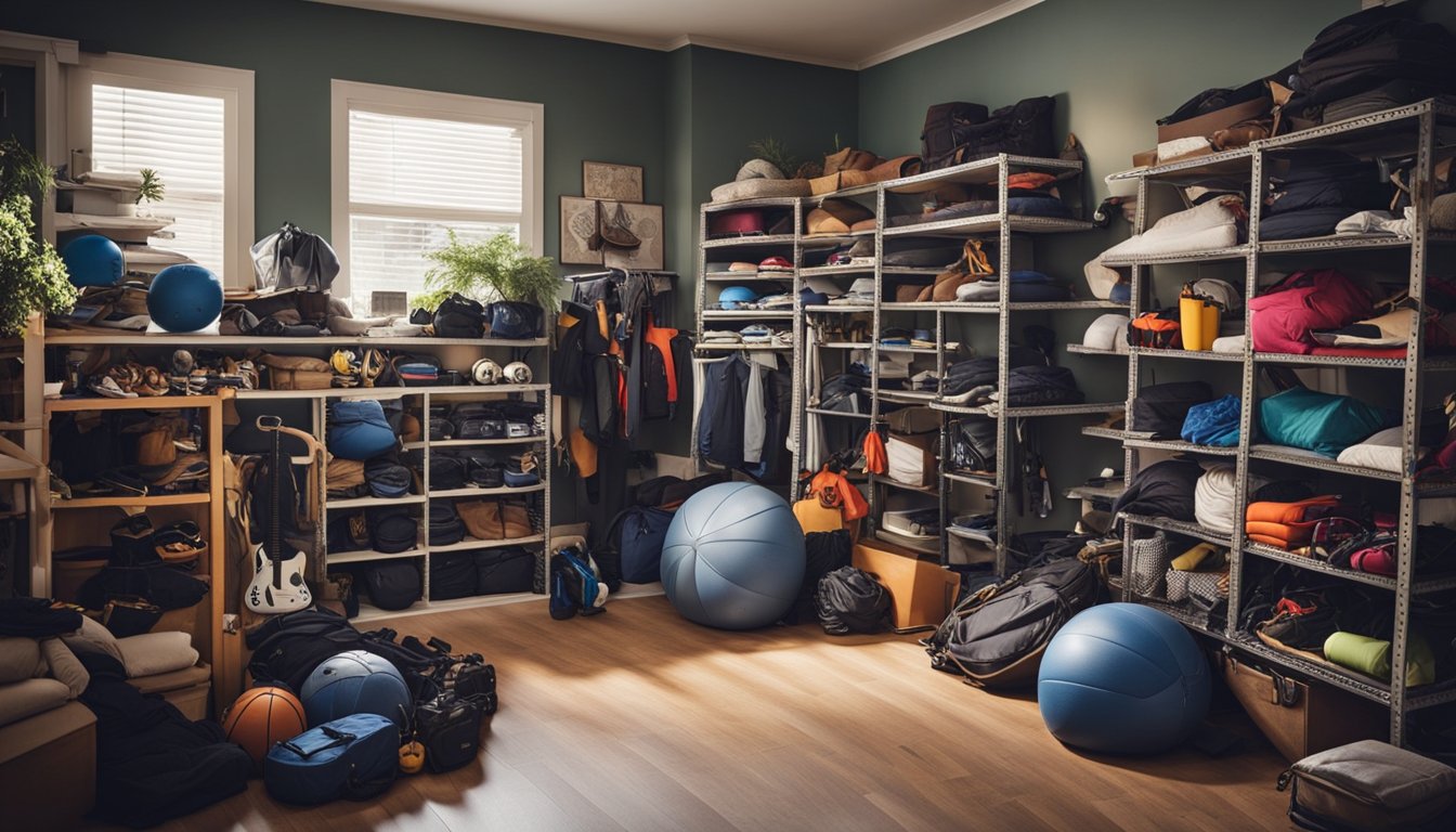 A cluttered house with overflowing closets, crowded garage, and disorganized shelves. Items include sports equipment, seasonal decorations, and bulky furniture