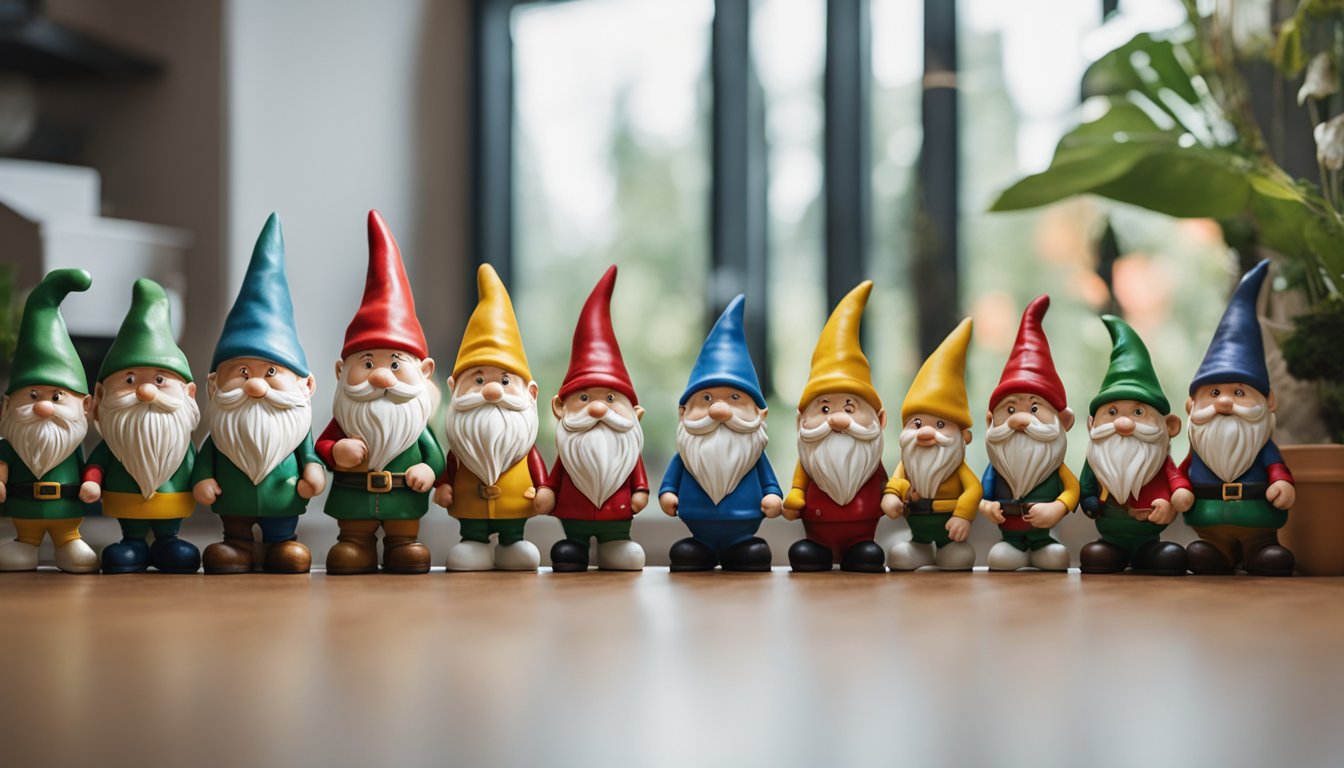 A collection of 101 garden gnomes cluttering a living room, alongside various items in need of storage, such as sports equipment, holiday decorations, and bulky furniture
