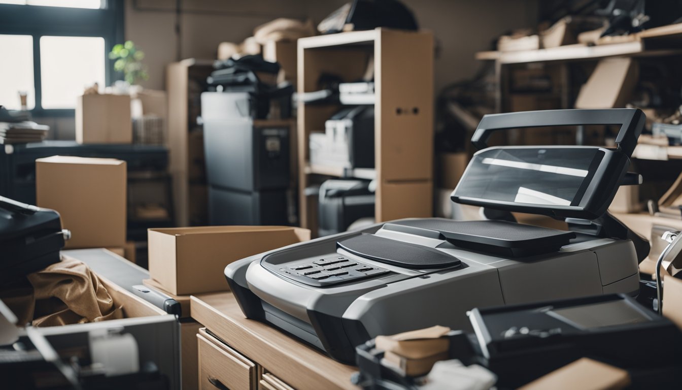 A cluttered home with a neglected treadmill surrounded by items better suited for a storage unit