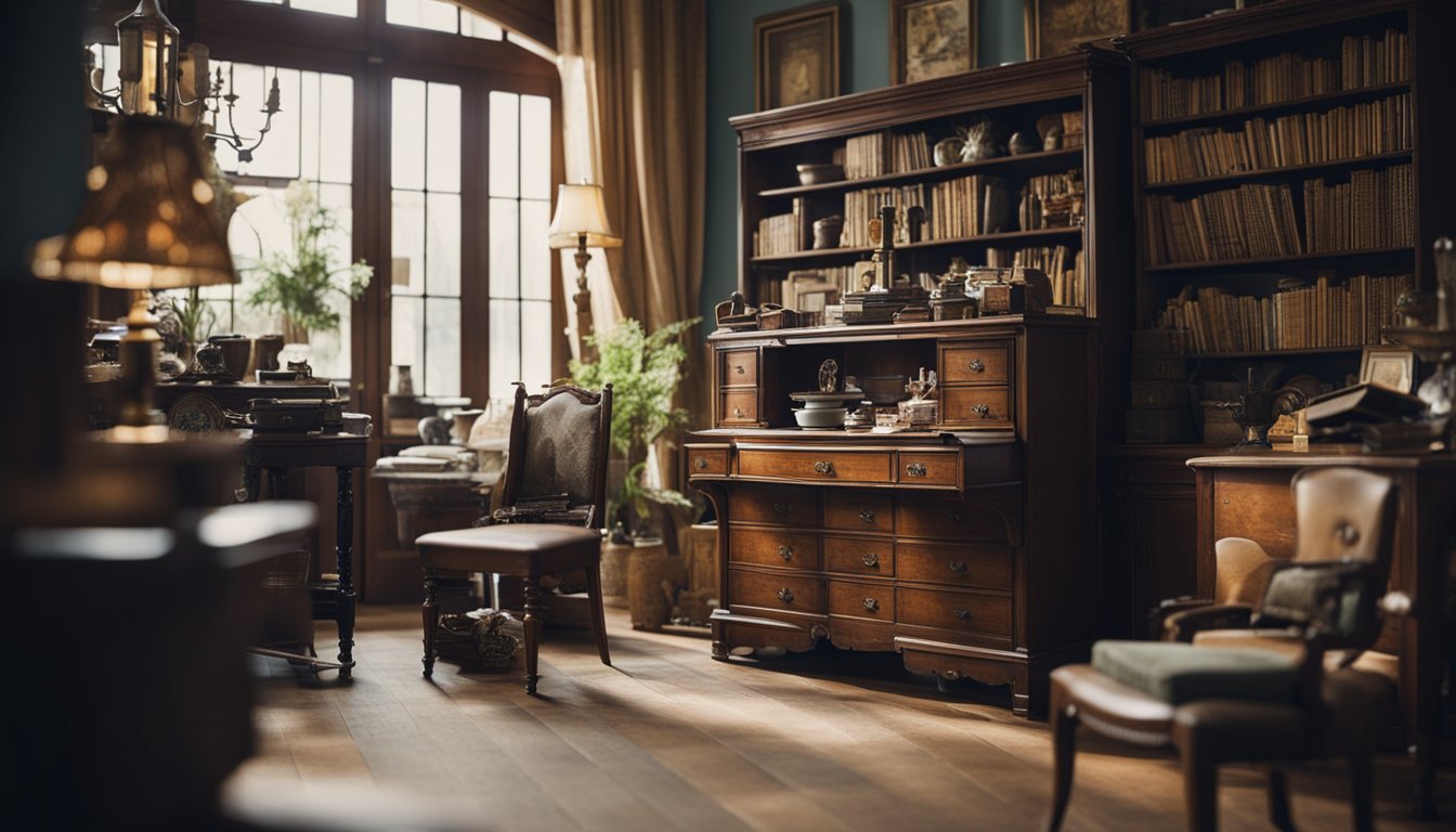 Antique furniture fills a cluttered room, surrounded by items frustrated owner wishes to store elsewhere