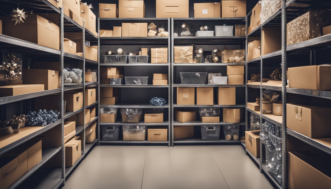 A storage unit filled with various holiday decorations, neatly organized and labeled for easy access