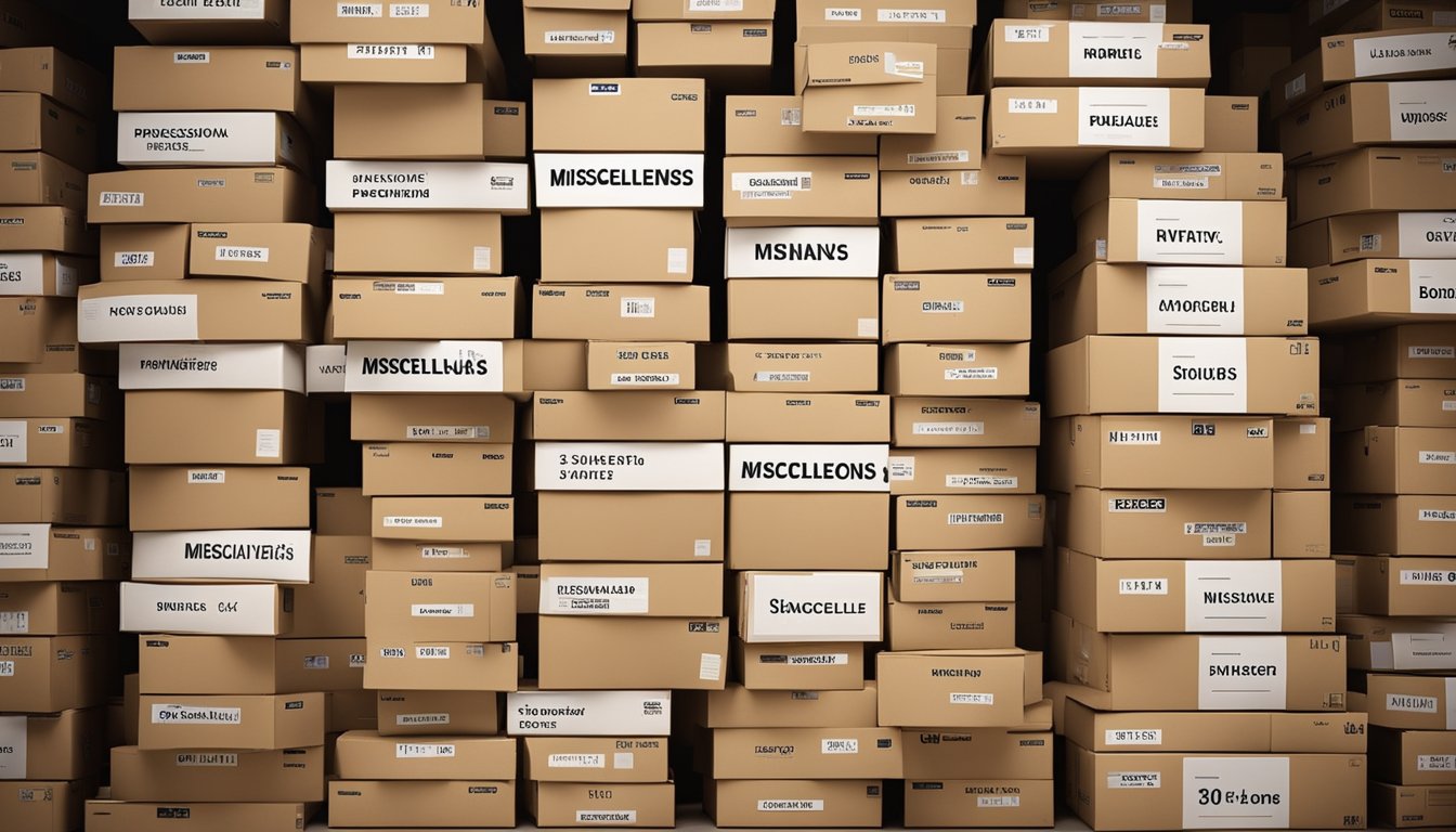 A towering stack of labeled 'miscellaneous' boxes fills a cluttered room, overflowing with frustration