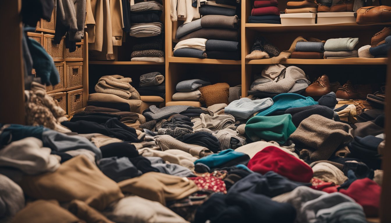 A cluttered closet overflowing with regrettable online shopping purchases, including bulky items and seasonal clothing, spilling out onto the floor