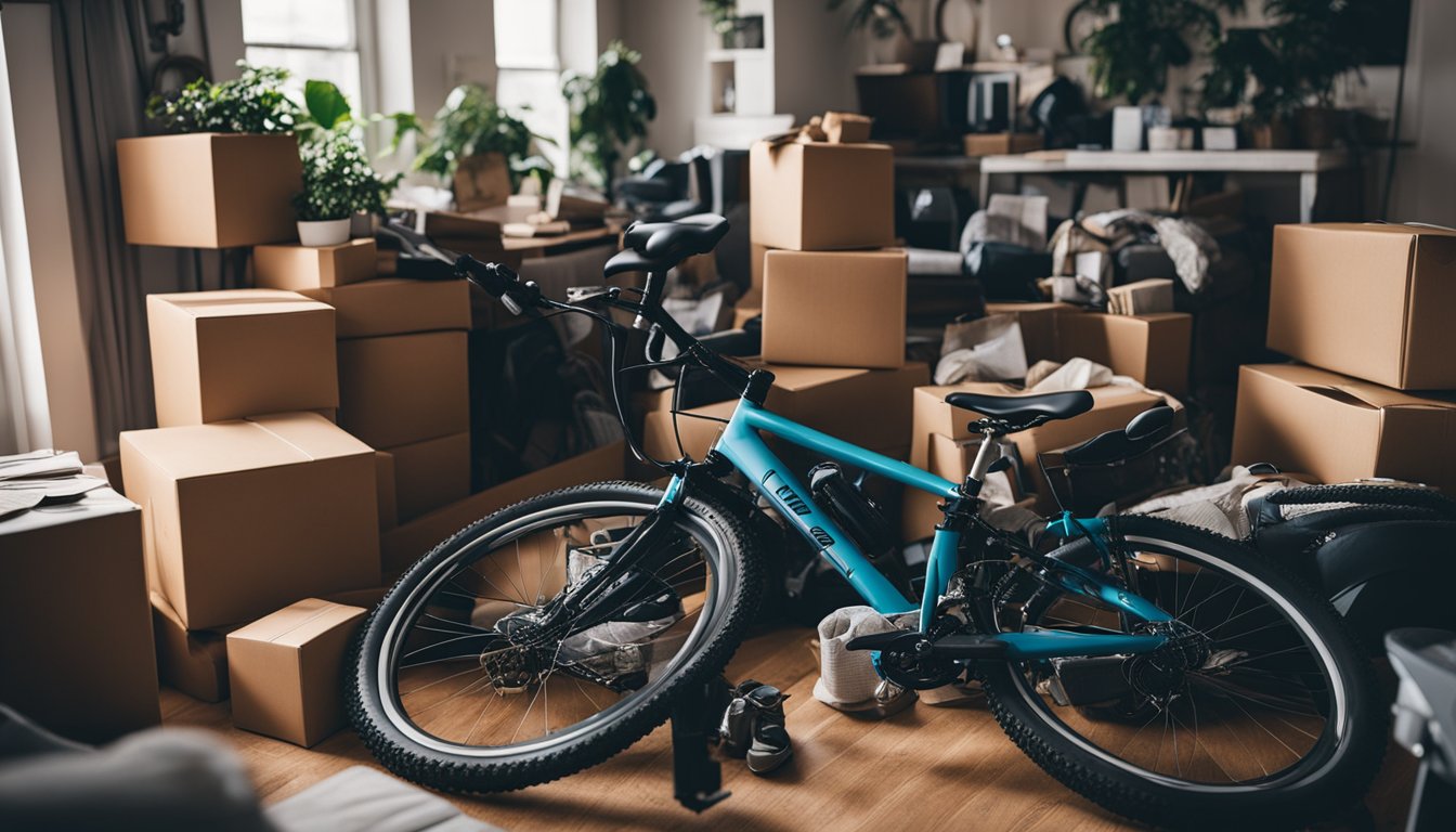 A cluttered living room with overflowing boxes, bikes, and seasonal items, creating a cramped and disorganized space