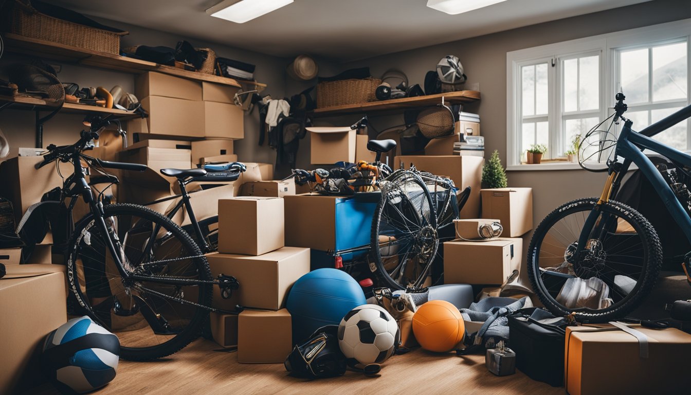 A cluttered living room with overflowing boxes, sports equipment, and seasonal decorations. A cramped garage filled with tools, bikes, and camping gear