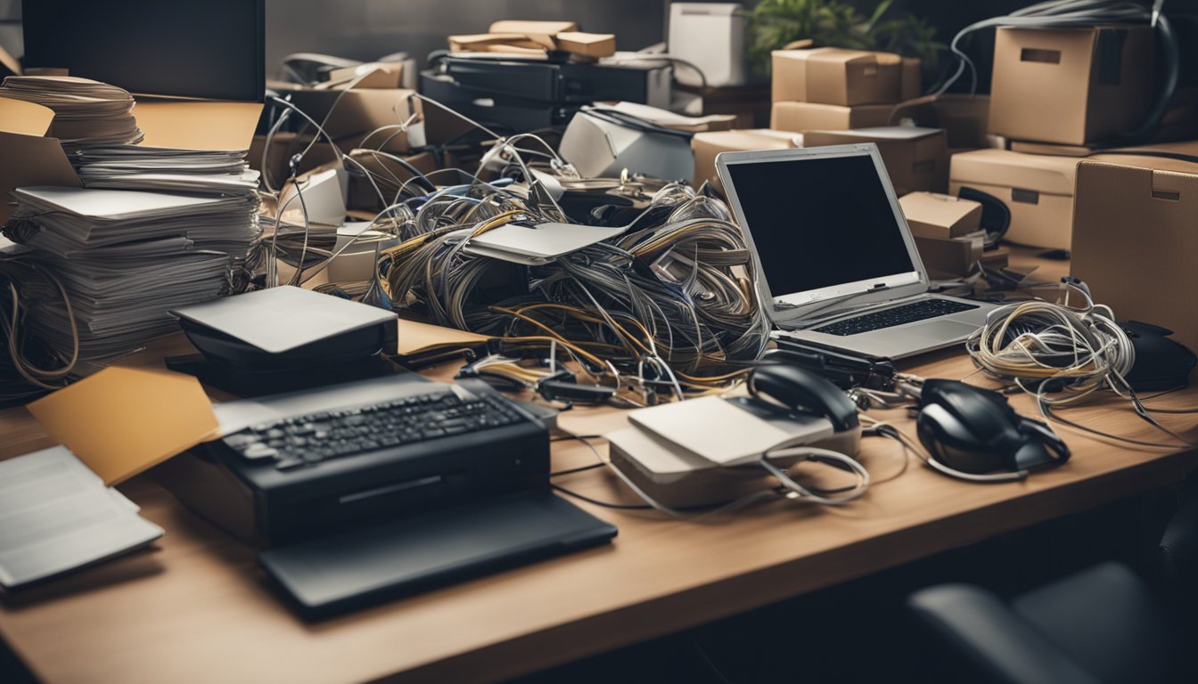 A cluttered desk with multiple overflowing inboxes, a tangled mess of wires, and frustrated expressions. Basecamp's streamlined interface brings order to the chaos