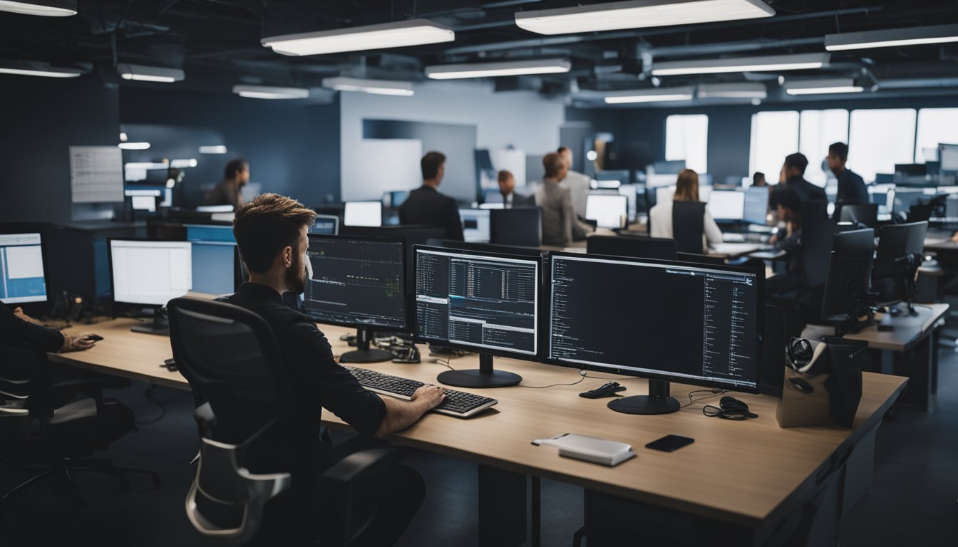 A chaotic project team surrounded by cluttered, outdated software. Basecamp swoops in, organizing and streamlining their workflow, bringing order to the chaos