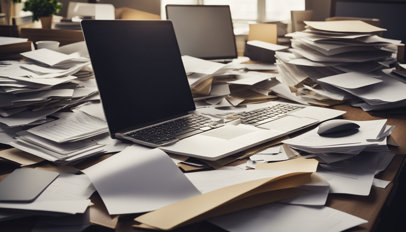 A cluttered desk with scattered papers, a confused expression, a computer screen showing multiple tabs open, and an overwhelming feeling of chaos