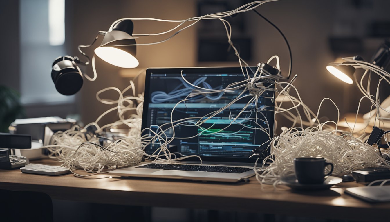 A cluttered desk with tangled wires, scattered papers, and multiple open tabs on a computer screen. Frustrated user gestures in confusion