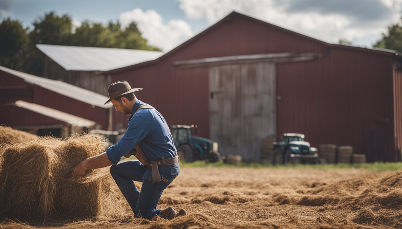 A farmer constructing a new barn, surrounded by old, cramped barns and scattered equipment