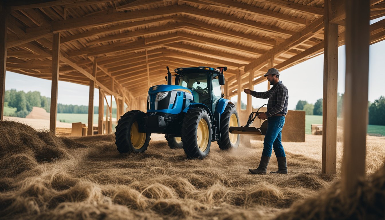 A farmer constructing a new barn to protect tractors and tools from old, cramped barns