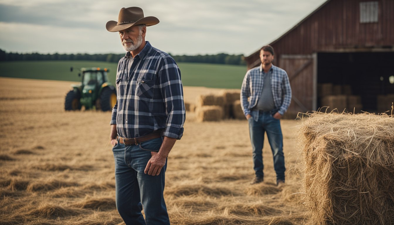 A farmer stands in front of an old barn, surrounded by equipment and hay. He looks frustrated as he contemplates building a new barn