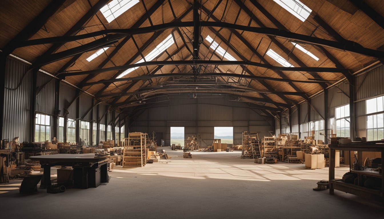 A spacious workshop area with a new barn being constructed, surrounded by old barns and scattered equipment