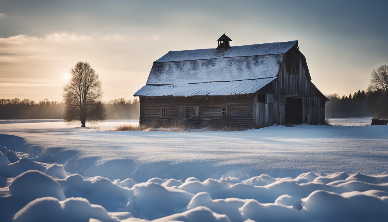 A snowy landscape with a dilapidated old barn and a new, empty space ready for construction