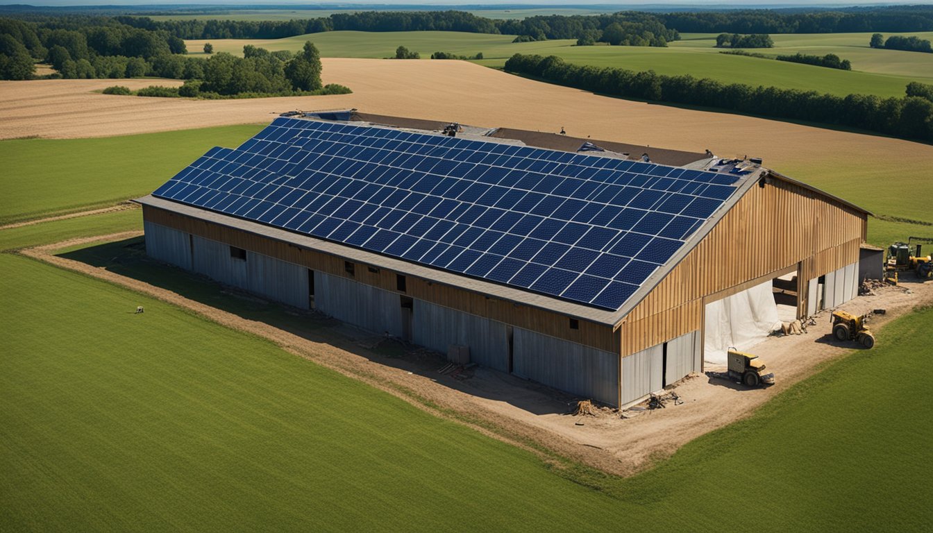 A wide open field with a dilapidated barn in the background. A group of workers are installing solar panels on the roof of a new barn being built
