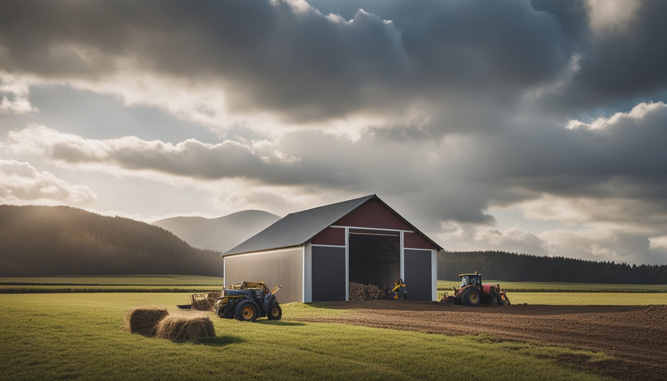 A farmer constructs a new barn, surrounded by scattered tools and materials, under a cloudy sky