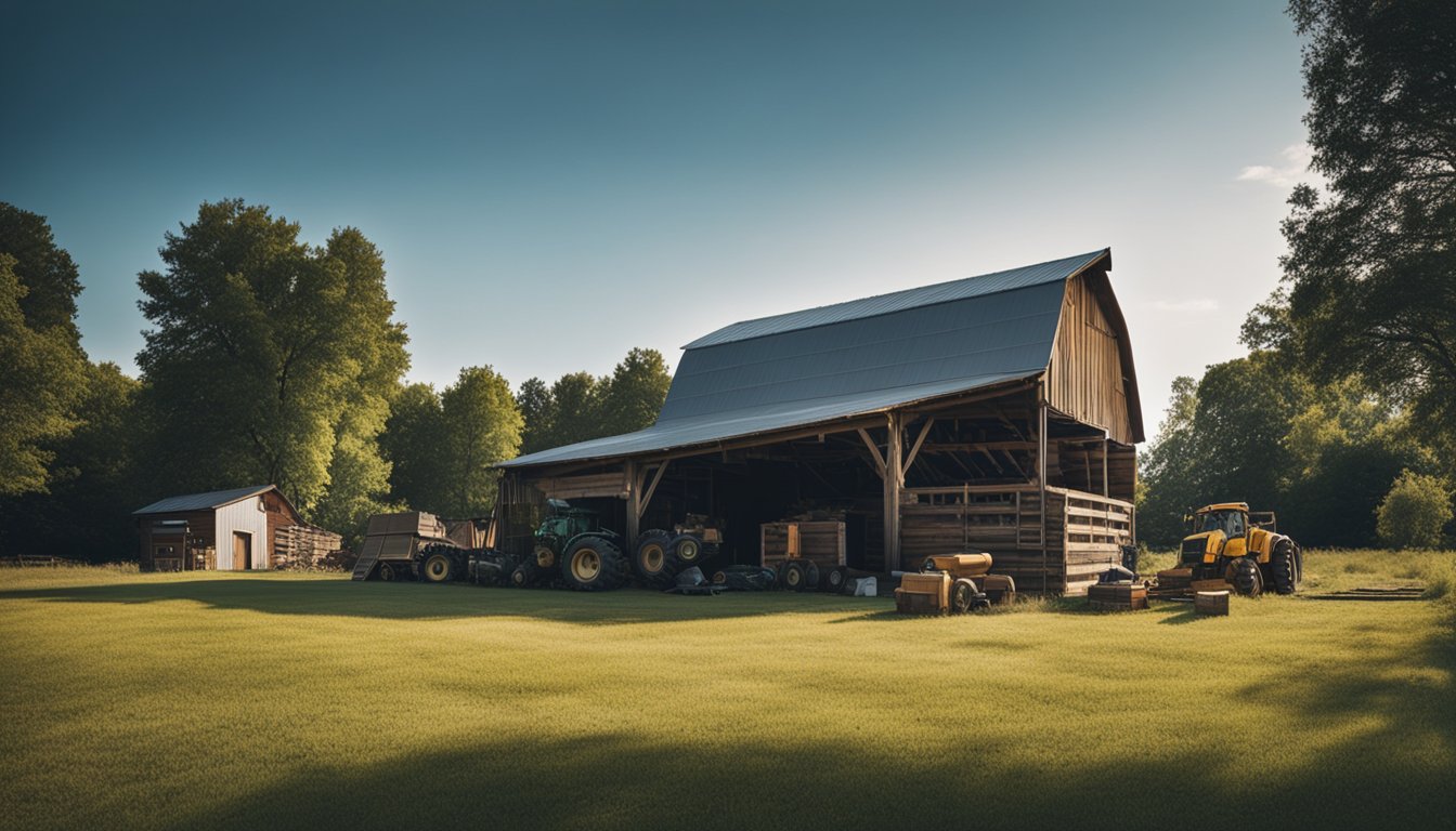 An old, cramped barn with cluttered equipment. A new, spacious barn being constructed nearby