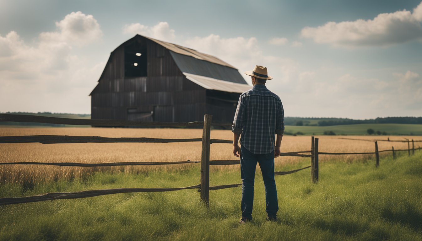 A sprawling countryside with an old, dilapidated barn in the background. A farmer stands, surveying the area, envisioning the construction of a new, spacious barn