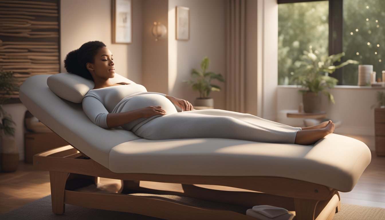 A serene pregnant woman reclines on a cushioned massage table, surrounded by soft lighting and calming music. A skilled masseuse gently kneads her back, shoulders, and feet, providing relief from pregnancy-related discomfort