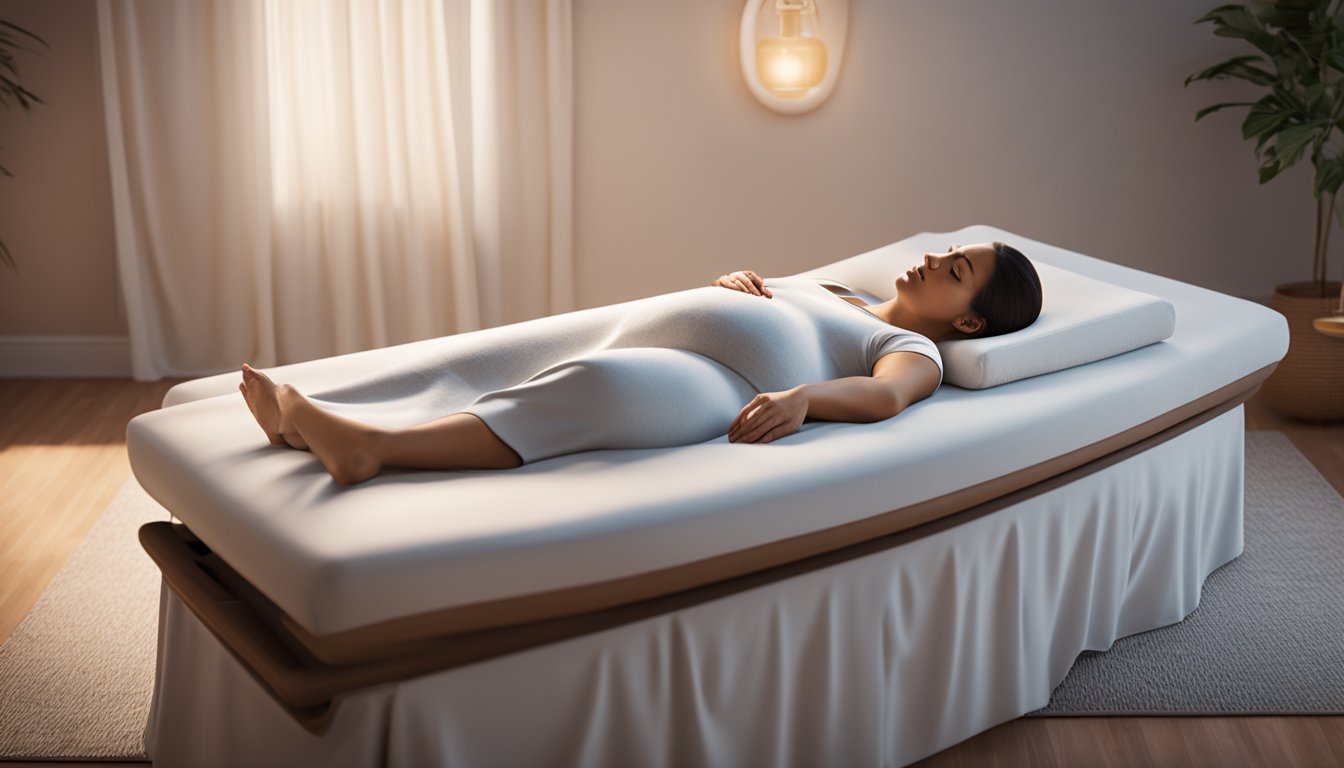 A serene pregnant woman reclining on a comfortable massage table, surrounded by soft lighting and soothing music, as a skilled massage therapist provides a gentle prenatal massage