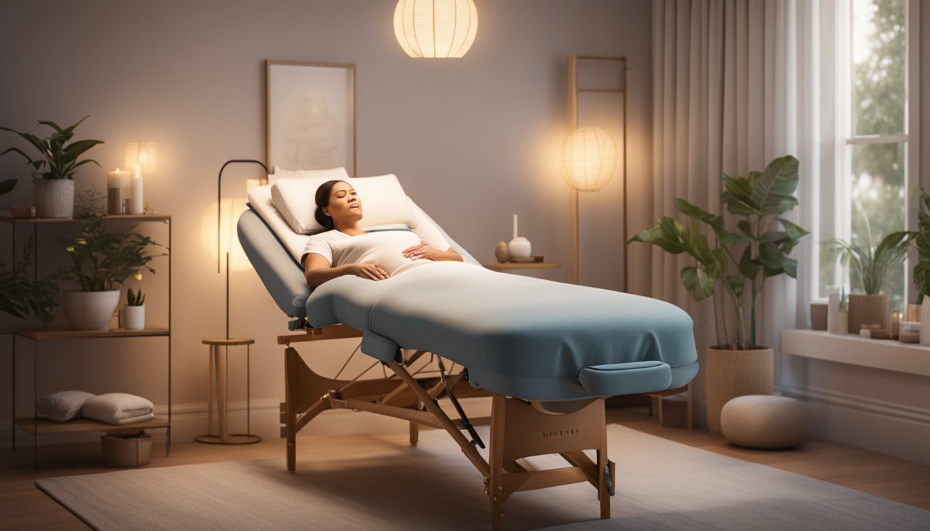 A serene pregnant woman reclines on a comfortable massage table, surrounded by soft lighting and soothing music as a skilled therapist gently administers a prenatal massage