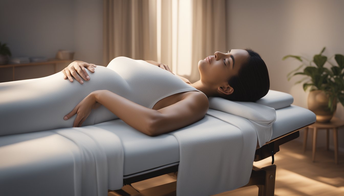A pregnant woman reclining comfortably on a massage table, with a serene expression on her face as a skilled therapist gently massages her back and shoulders