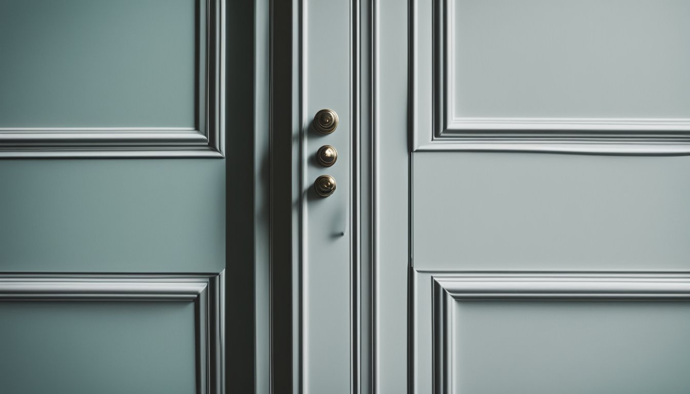 A poorly installed door frame with uneven gaps and visible nails
