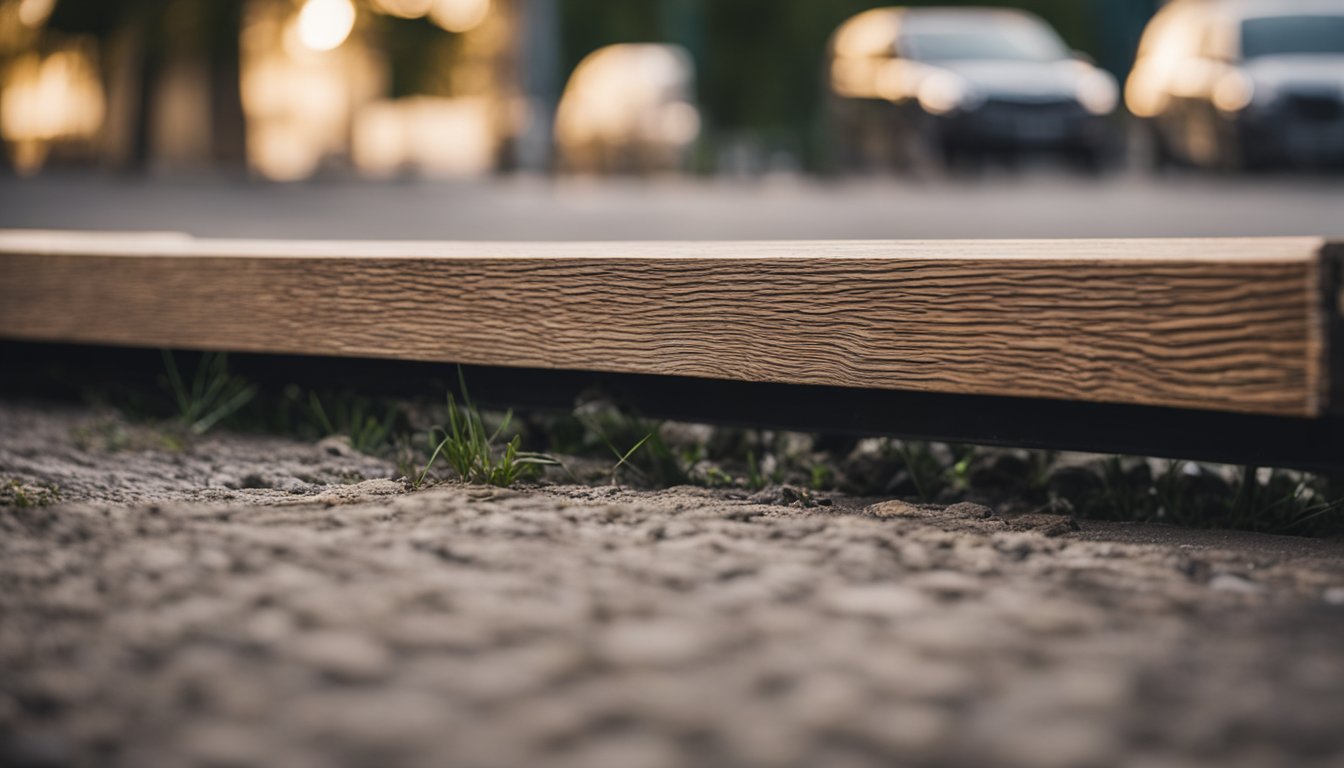 A wide shot of a poorly constructed wooden trim with noticeable gaps large enough to park a car in, highlighting the need for professional carpentry