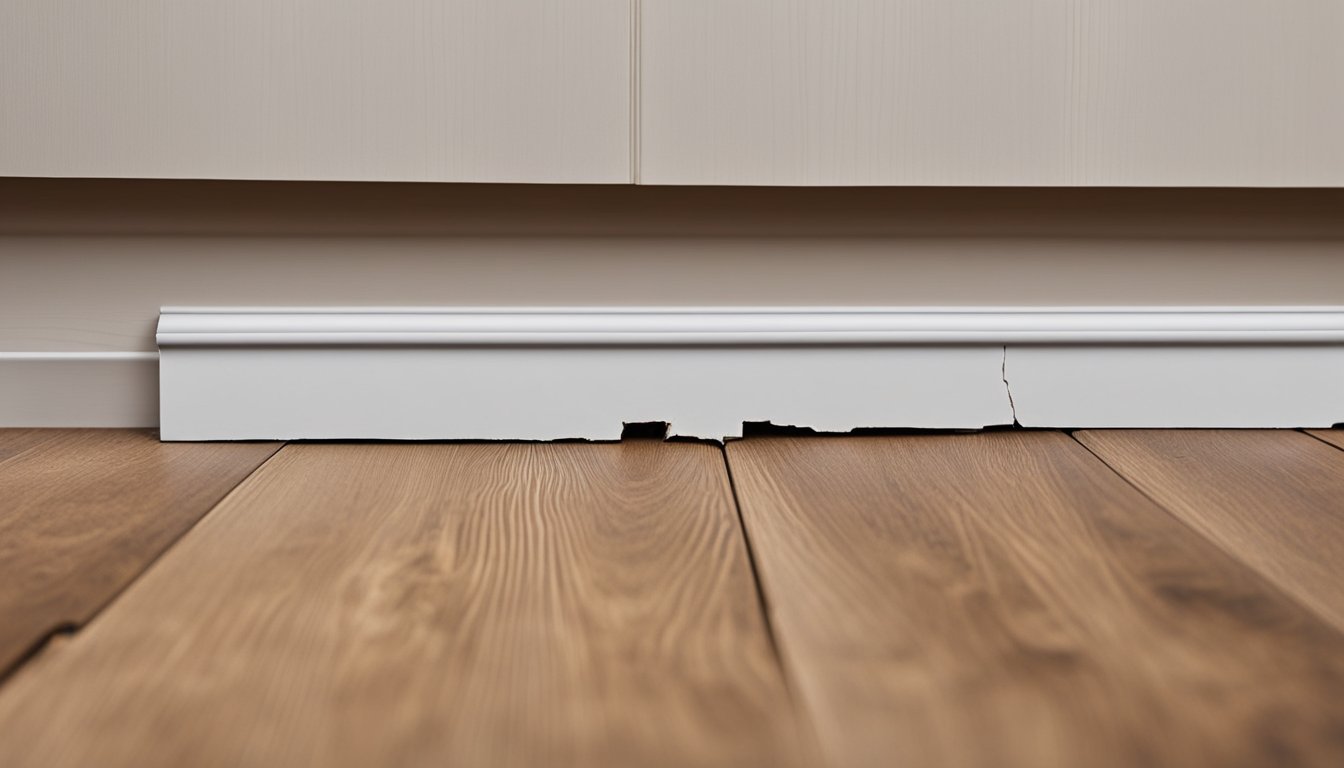 A crooked, uneven baseboard with visible gaps and nail holes. Uneven miters and poorly aligned trim pieces. Warped and cracked trim boards