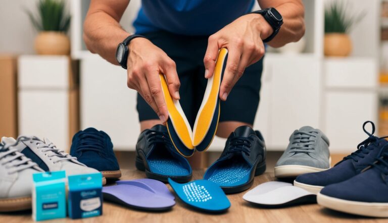 A person grimacing while trying on different orthotic inserts for their shoes, surrounded by various pairs of shoes and foot care products