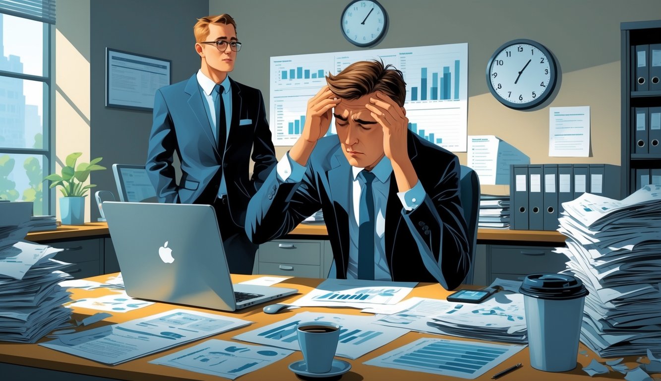 A frustrated businessperson sitting at a cluttered office desk with financial documents, looking stressed while a corporate accountant stands nearby.