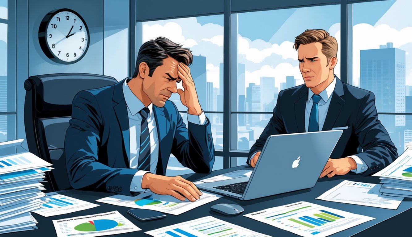 A frustrated business owner sitting at a desk with financial documents, looking stressed while a corporate accountant appears distracted across the desk in a modern office.