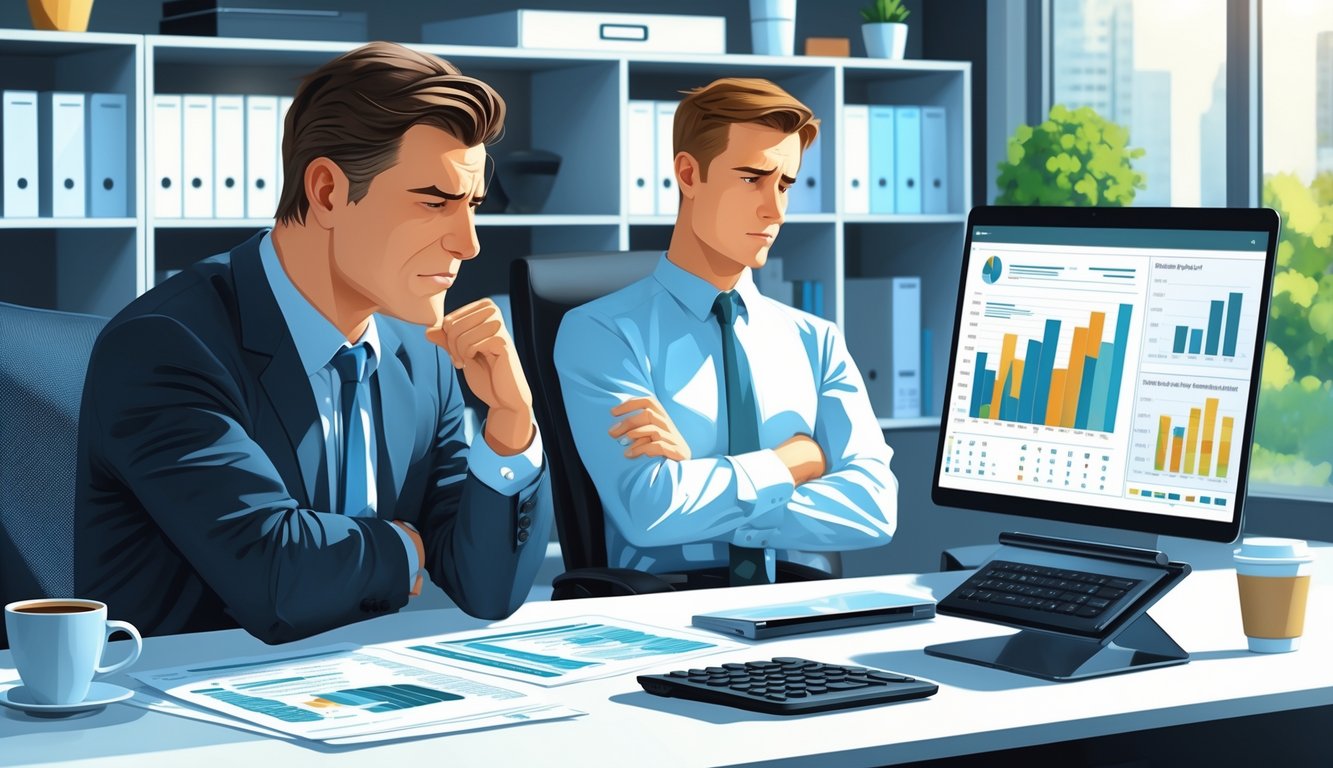 A businessperson looks frustrated while reviewing financial documents at a desk opposite a disengaged corporate accountant in an office.