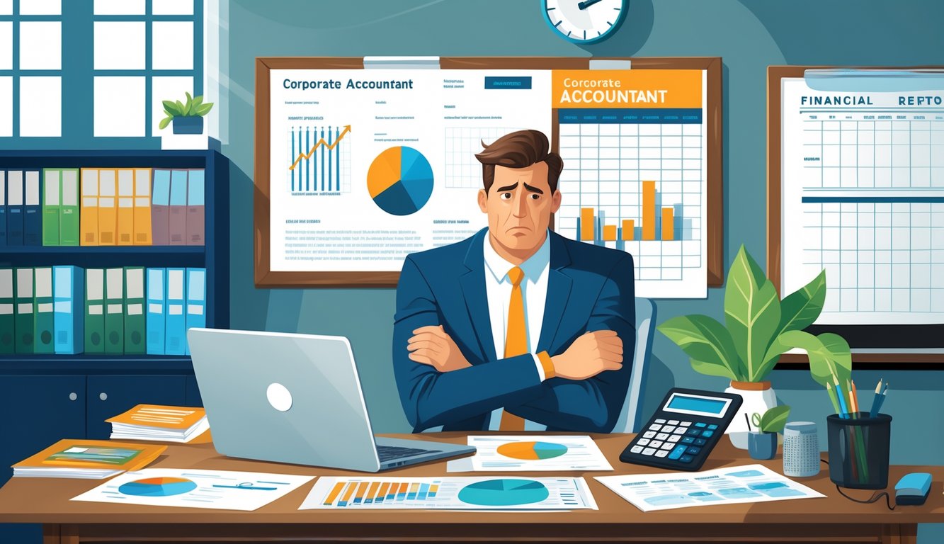 A business client looks frustrated while talking with a corporate accountant at a desk covered with financial documents and a laptop displaying charts.