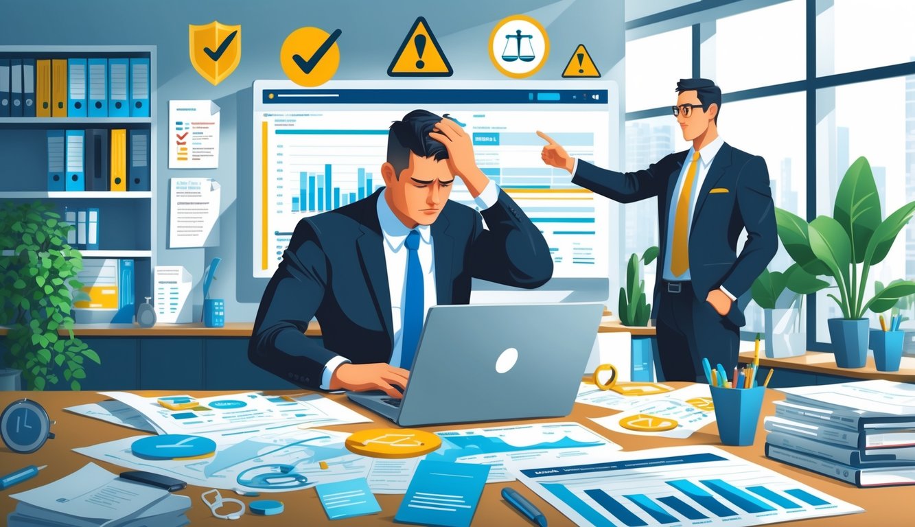 A frustrated corporate accountant at a cluttered desk with financial documents, while a business manager points at a screen showing risk management data.