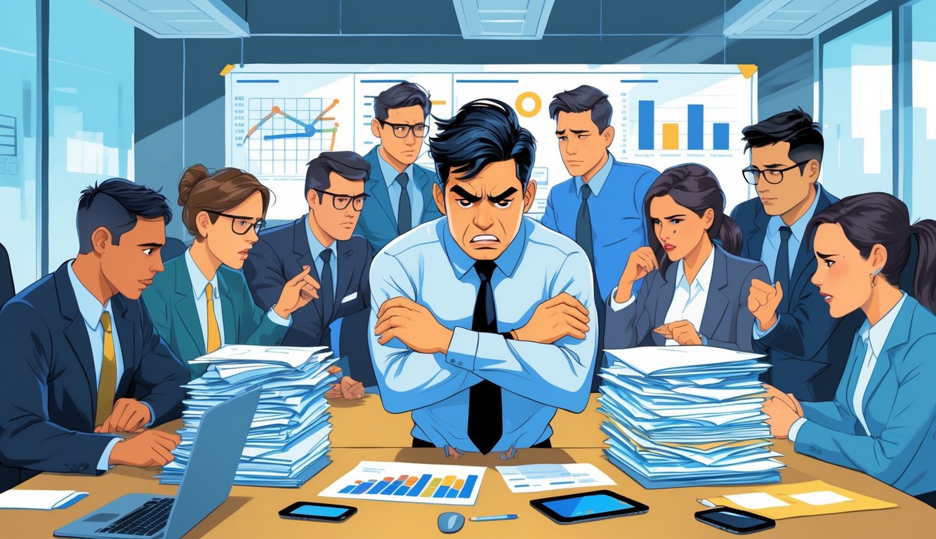 A frustrated corporate accountant sitting at a conference table surrounded by coworkers who are discussing and pointing at documents and laptops in an office meeting.