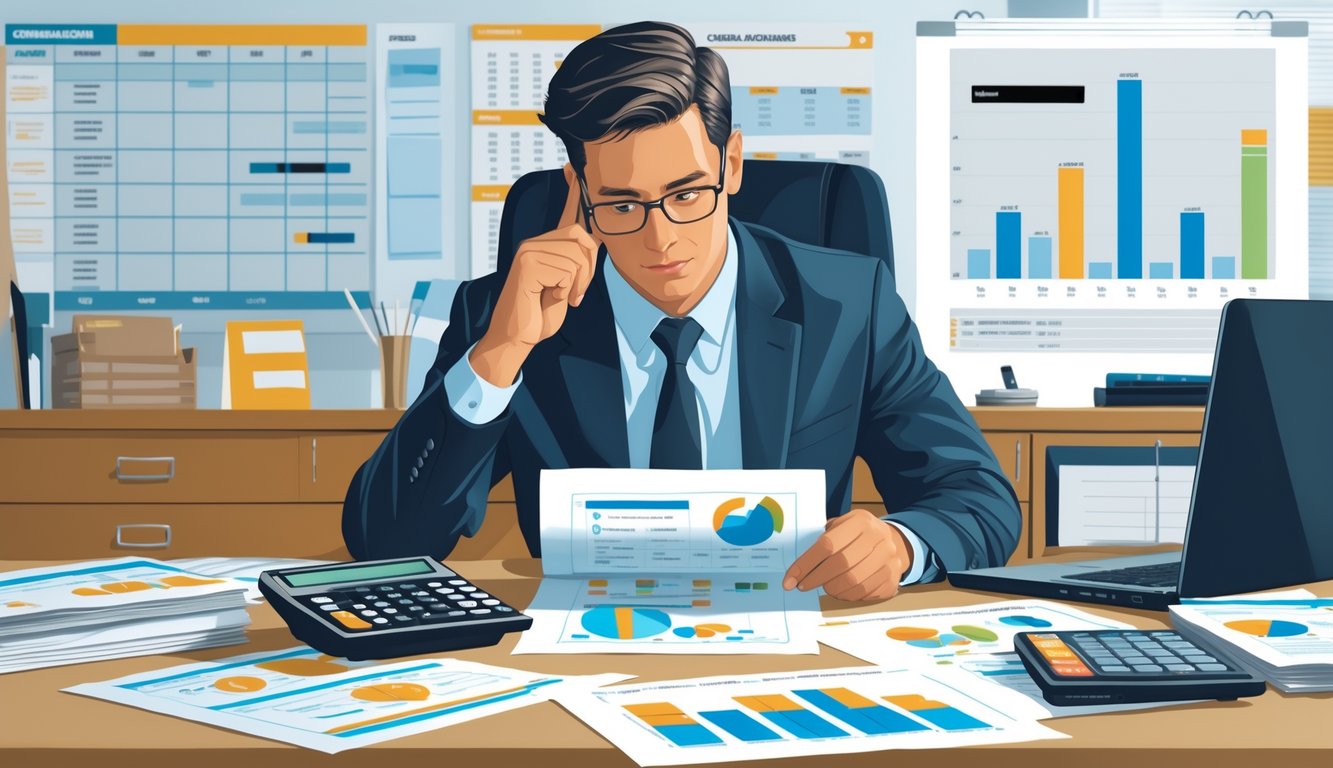 A businessperson reviewing financial documents at a desk with charts, calculator, and laptop in a modern office.