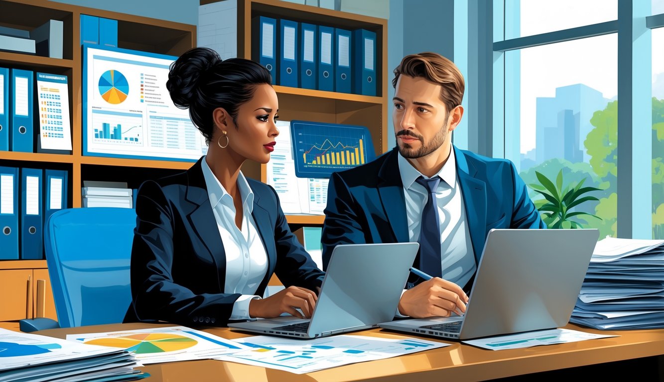 A businesswoman and a corporate accountant discussing financial documents in an office.