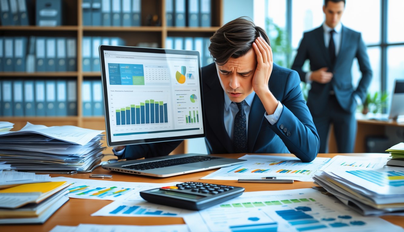 A frustrated business person sitting at a desk with financial documents and a laptop, while an accountant stands nearby in a modern office.