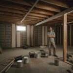 A frustrated man standing in a cluttered unfinished basement with exposed beams and construction materials.