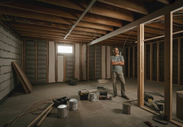 A frustrated man standing in a cluttered unfinished basement with exposed beams and construction materials.