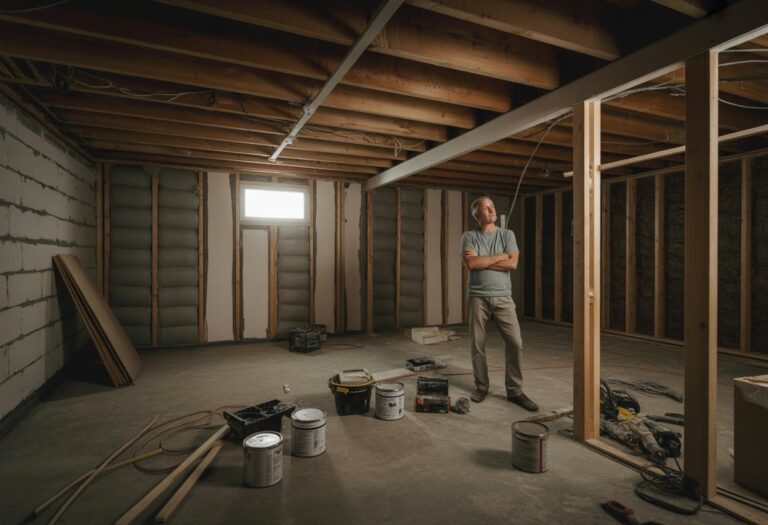 A frustrated man standing in a cluttered unfinished basement with exposed beams and construction materials.