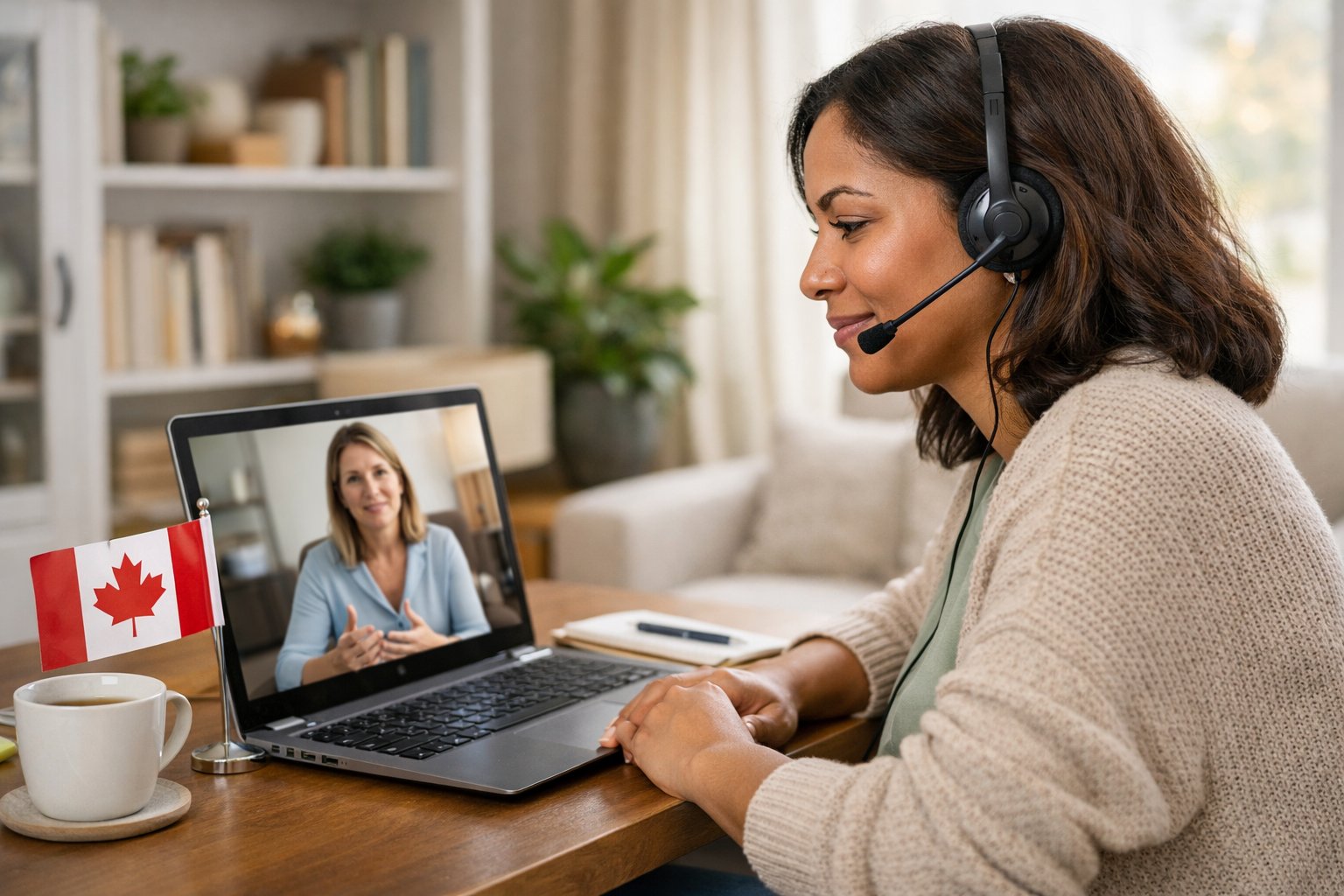 A woman in a home office having an online counselling session on her laptop with Canadian-themed decor in the background.