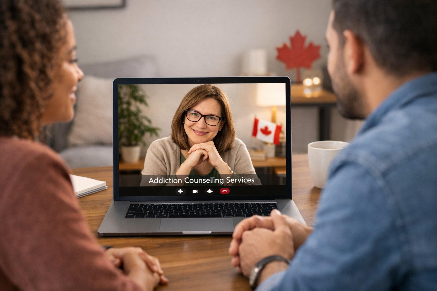 A counsellor and client having an online video counselling session in a home office setting.