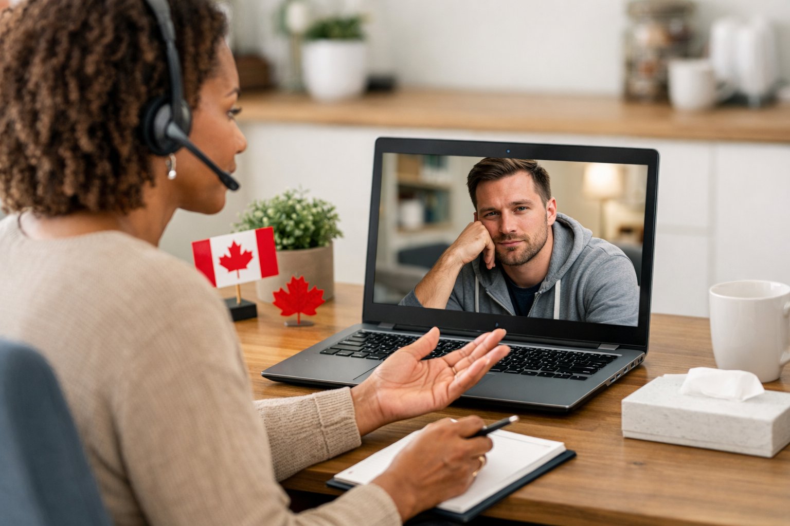 A counsellor and client having an online video counselling session in a home office setting with Canadian elements visible.