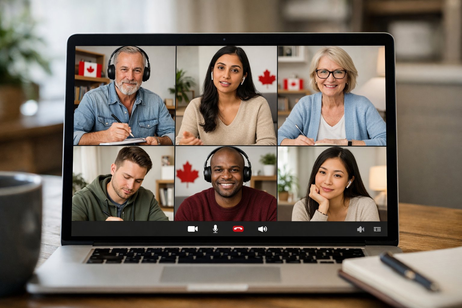A diverse group of people participating in an online addiction counseling session from their homes, connected through video call screens.