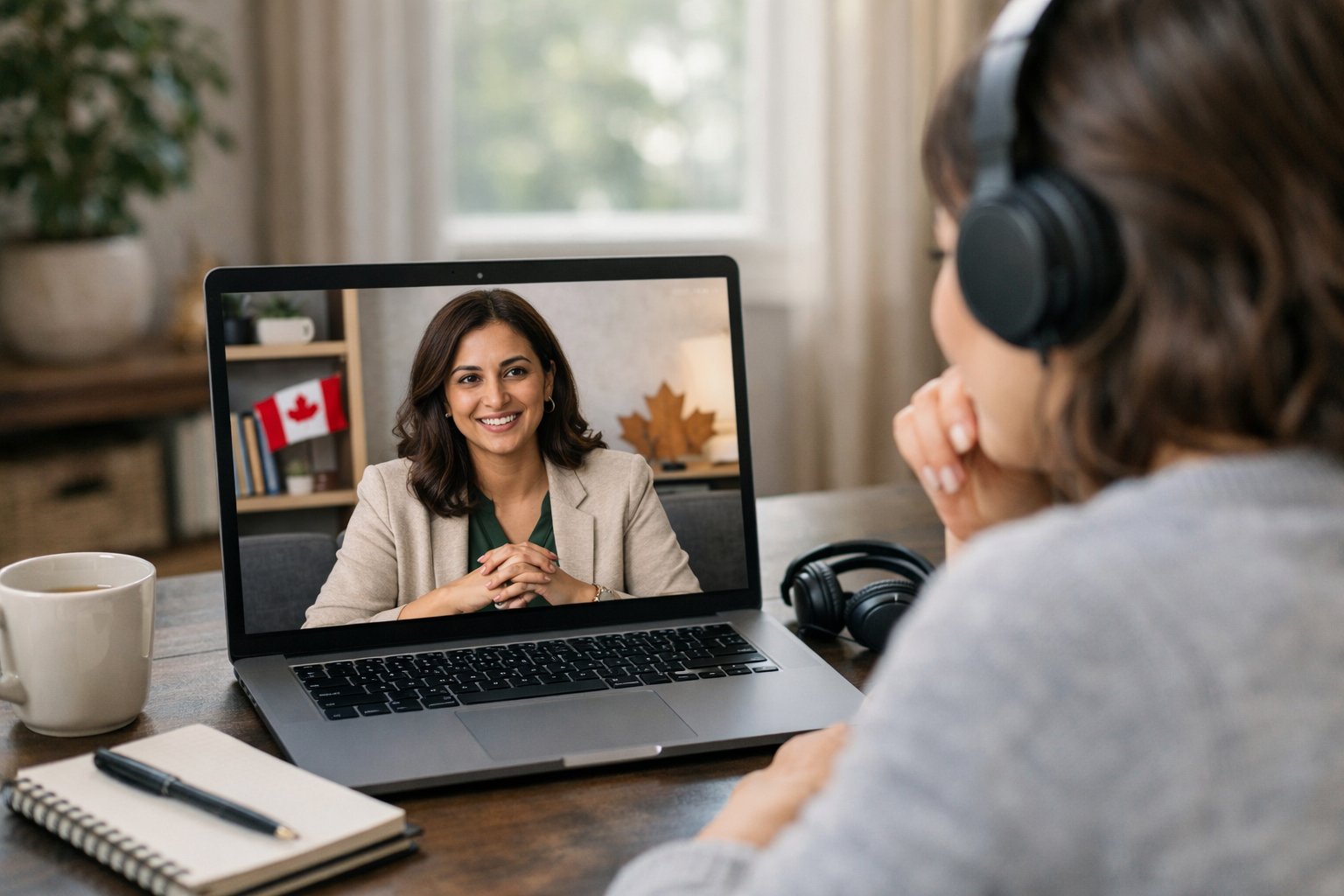 A counsellor and client having an online addiction counselling session in a cozy home office with Canadian decor.